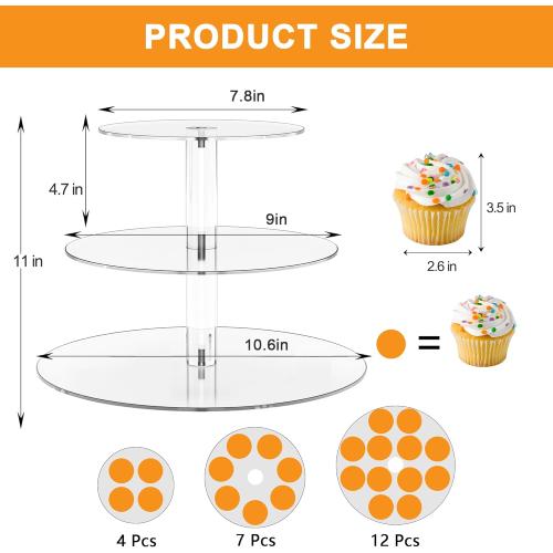 Acrylic Cupcake Stand, Clear Dessert Display Hoder Stand With Base for Wedding, Party, Baby Shower, Get-together, 3 Tier Round, Transparent