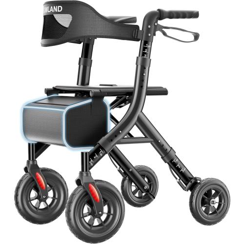 HOMLAND Foldable Rollator Walker for Seniors with Seat, Black | 10 All-Terrain Wheels, Curb Climber, 16.4 lb Lightweight, Lockable Brakes, 300 lbs Capacity