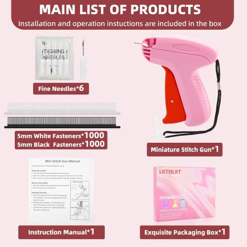 Stitch Gun for Clothes - Includes 6 Fine Needles, 1000 White & 1000 Black Fasteners, Handheld Stitch Gun - Quick Clothing Fixer, Tag Gun for Clothes (Pink Red)