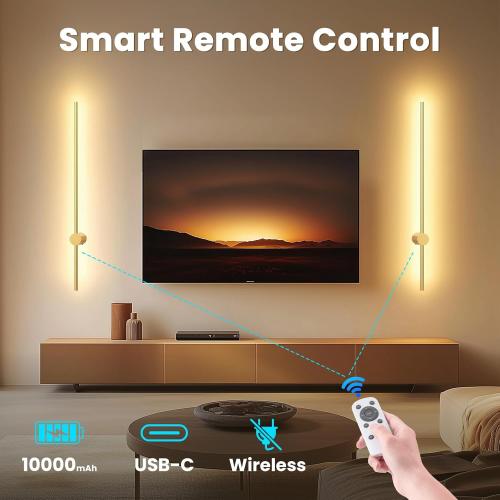 NIORSUN 35.4 Inch Battery Operated Wall Sconce Set of 2,Gold Minimalist Rechargeable LED Wall Lights with Remote, 10 Colors Dimmable Wireless Wall Sconce for Living Room Bedroom Hallway