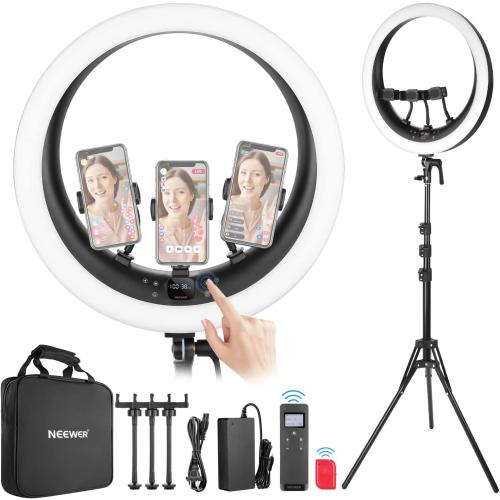 NEEWER Ring Light RP19H 19 Inch with Tripod Stand 3 Phone Holders Compatible with iPhone, Upgraded 2.4G Touch Control Ringlight for Video Recording Streaming Home Office Zoom Selfie Makeup Lighting