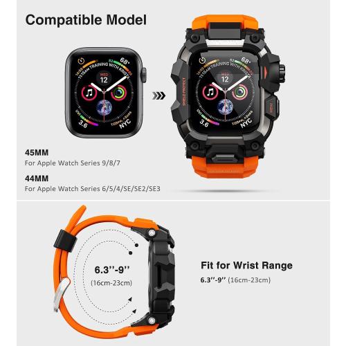 ULTIMAL Rugged Case with Band for Apple Watch Band 45mm,Compatible with Apple Watch Series 9/8/7 45mm,Military Grade Shockproof Bumper Cover for iWatch Tactical Band Men (Orange, 45mm)