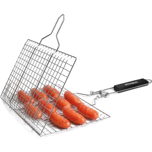 Fish Grilling Basket, Folding Portable Stainless Steel BBQ Grill Basket for Fish Vegetables Shrimp with Removable Handle, Come with Basting Brush and Storage Bag