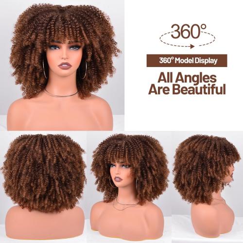 Afro Wigs for Black Women Kinky Curly Hair Wig about 280g/Piece Afro Synthetic Full Wigs Soft and Fluffy Like a Bomb 12 Inches Short Kinky Curly Hair (Ombre Brown)