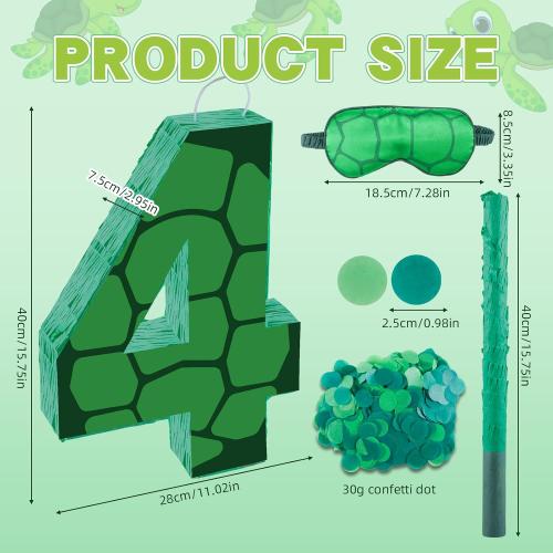 16 Inch Turtle Number 4 Pinata, Turtle Birthday Decorations, Turtle Theme Pinata with 16 Inch Stick Blindfold Confetti for Boy Girl Kids 4th Birthday Party Supplies(4th)