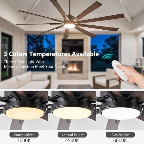 72 Inch Ceiling Fan with Lights, Large Outdoor Ceiling Fans, Modern Industrial Ceiling Fan 9 Blades for Great Room, Large Living Room Patio Farmhouse Damp Rated, Quiet Reversible DC Motor Dark Walnut