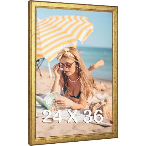 Wood 24x36 Poster Frame Gold, Ornate Natural 36x24in Picture Photo Frame, Modern Golden 24 x 36inch Gallery Wall Frame with HD Plexiglass, Horizontal Vertical Wall Mounting Display 1pcs