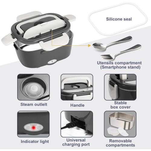 Electric Lunch Box, 12V/24V/110V Portable Food Warmer with SS Fork & Spoon for Car/Truck/Office, 80W Self Heating Lunch Box with 1.5L 304 Stainless Steel Container & 0.45L PP Fruit Box Beige