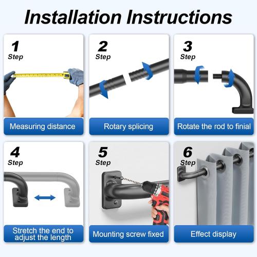 Curtain Rod for Windows 36 to 48 Inches, Blackout Wrap Around Curtain Rod for Bedroom, Living Room, 1 Inch Diamete Adjustable Drapery Rods，Matte Black