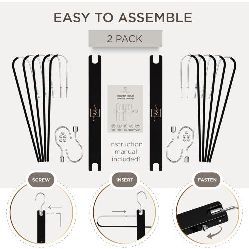 MORALVE Pants Hangers Space Saving - 2 Pack European Beechwood Scarf and Jean Hangers - Closet Organizer and Space Saver Pant Rack, Leggings Hanger, and Scarf Holder with 360° Swivel Hook