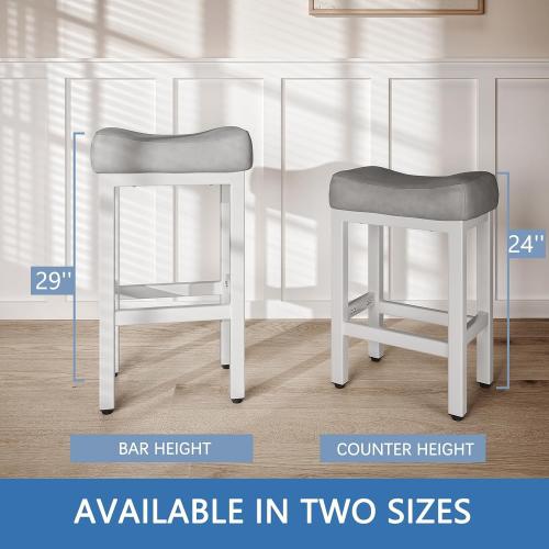 29 Inch Bar Height Bar Stools Set of 2, 29 Barstools for Kitchen Island Counter, Backless Bonded Leather Bar Height Stools with Thick Saddle Seats & Heavy Duty Metal Base, Easy Assembly, Gray/White