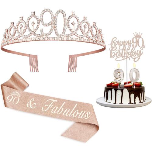 90th Birthday Decorations Women, Including Crown/Tiara, Sash, Cake Topper and Candles, Happy 90th Birthday Decorations for Women