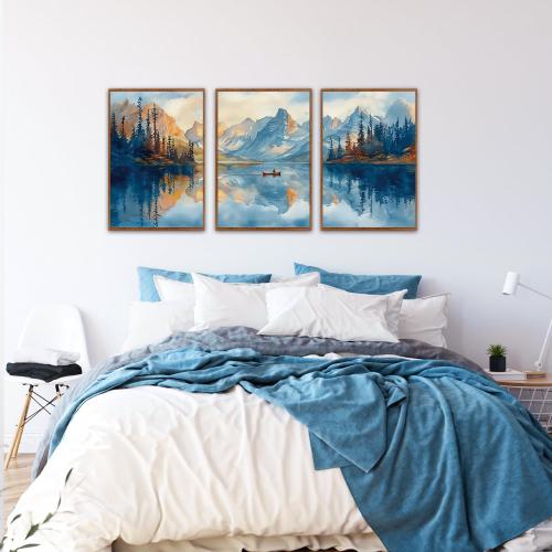 KAIRNE Landscape Wall Art Set of 3(24”X36”),Abstract Forest Canvas Paintings,Watercolor Blue Mountain Lake Prints,Framed Nature Scenery Artwork for Living Room Bedroom Home Office Gallery Decoration