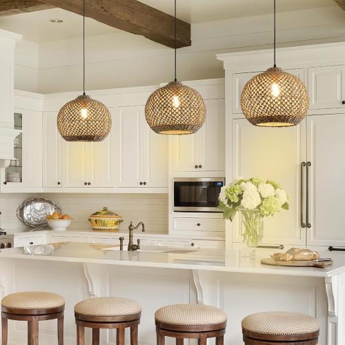 Rattan Pendant Light Fixture,13.79 Boho Rattan Kitchen Island Seagrass Lighting, Hand Woven Coastal Wicker Chandelier,for Farmhouse Dining Room Entryway Foyer 1-Light