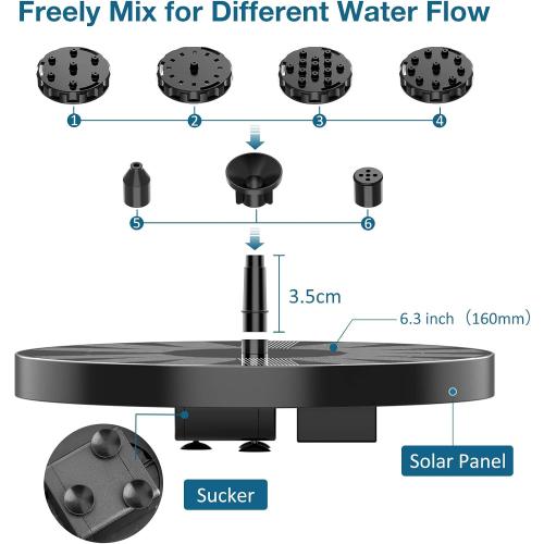 AISITIN Solar Fountain Pump 2.5W, 6.7 Solar Powered Water Fountain Pump for Bird Bath, solar pump for fountain with 6 Nozzles for Garden, Ponds, Pool, Fish Tank, Outdoor and Aquarium