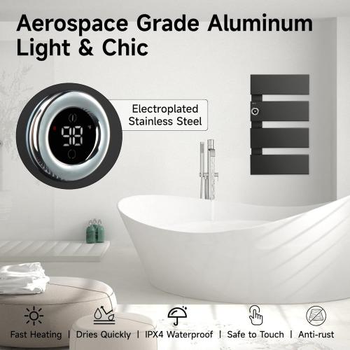 P&Bhusri Electric Heated Towel Rack, Black Towel Warmer with Adjustable Temperature (98–149°F) and Timer (1-24h, On), Fast Heating and Drying for Bathroom, Memory & Remote Control Compatible