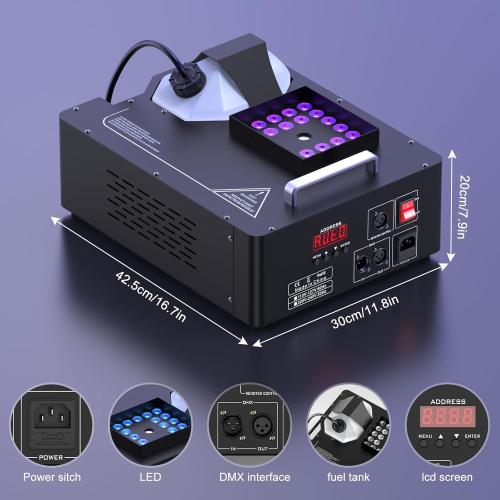 1500W Fog Machine with Lights 24 RGB LED Stage Smoke Machine Vertical Halloween Smoke Machine DMX/Wireless/Manual Control 2.5 Liters with 20000 CFM for Wedding Christmas Party Outdoor Indoor