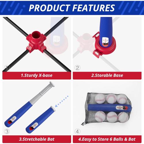 3-in-1 Baseball Set for Kids 3-5 - Tee Ball Stand, Hanging Tee, Ball Launcher and 6 Softballs - Adjustable Height, Indoor/Outdoor Sport Gifts for Boys Girls, Blue
