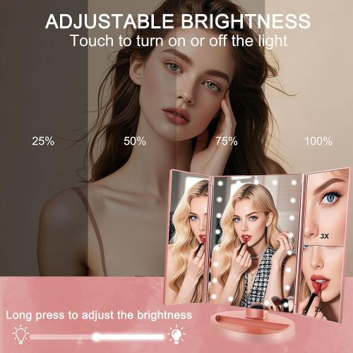 Tri-fold Lighted Vanity Makeup Mirror with 3x/2x Magnification,21 LEDs Light and Touch Screen,180 Degree Free Rotation Countertop Cosmetic Mirror,Travel ***(Rose Gold)***