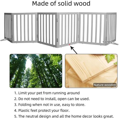ZJSF Freestanding Indoor Dog Gate for House Foldable Wood Puppy Gate for Doorways Pet Gate for Stairs Extra Wide Pet Fence, Grey, 24 Height 6 Panels