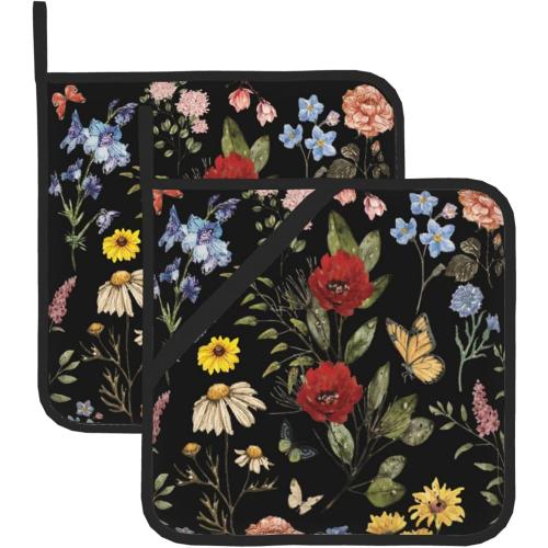 Vintage Wild Floral Pot Holders Set of 2 Retro Rose Sunflower Kitchen Decorative Heat Resistant Potholder Cotton Lining Oven Hot Pads for Cooking Baking Microwave Oven End Dishes BBQ Gifts