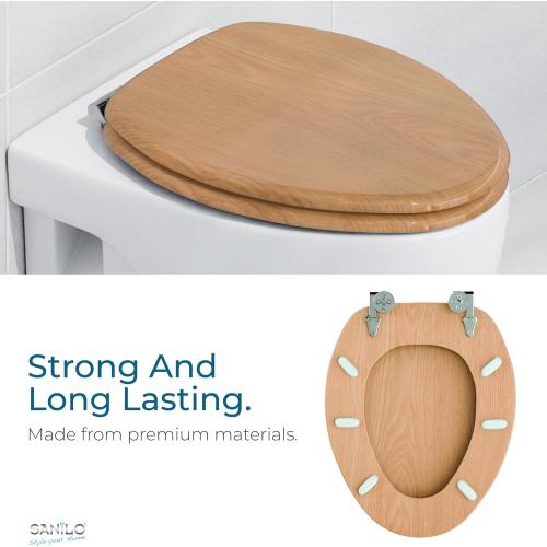 SANILO Wooden Toilet Seat with Soft Close [ELONGATED] - Decorative, Quiet & Slow Close Molded Wood Seat - With Strong Bumpers & Hinges - Adjustable Fit - Wood