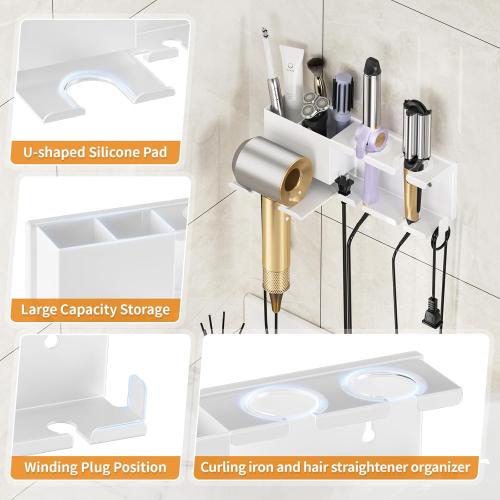 Hair Dryer Holder, Hair Tool Organizer Wall Mount, Adhesive or Drill, White