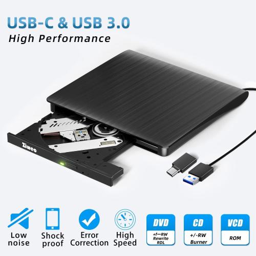 External DVD Drive USB 3.0 Type-C CD Burner Portable CD  /-RW Drive DVD Player for ROM Rewriter Burner Compatible with Laptop Desktop PC Windows MacBook Linux Mac OS