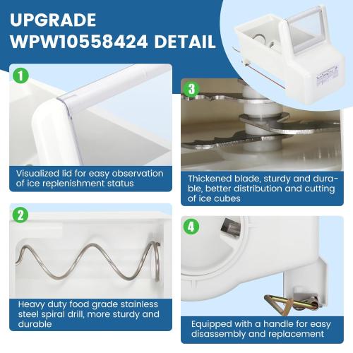 White Upgraded WPW10558424 for Whirlpool Ice Maker Replacement, Compatible with Whirlpool Kenmore Maytag Amana Refrigerator, Refrigerator Ice Bucket Replacement with Whirlpool Replacement Ice Maker