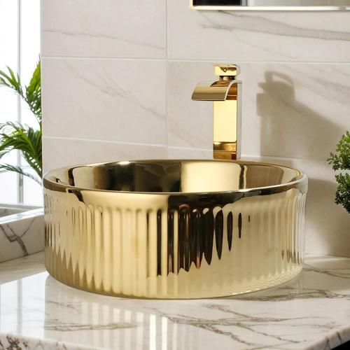 Bathroom Vessel Sink 15 Inch Gold Ceramic Vessel Sink with Waterfall Faucet and Pop-Up Drain Combo,Above Counter Round Bathroom Sink Bowl,Sink for Bathroom
