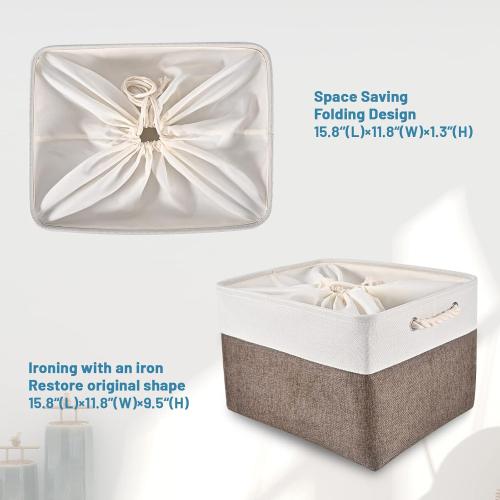 HOdo Home 15.8×11.8×9.5In/3PCS Fabric Storage Bin with Drawstring Closure and 2 Bold Handles, Collapsible Large Canvas Storage Baskets for Organizing Shelf Nursery Home Closet (Brown)