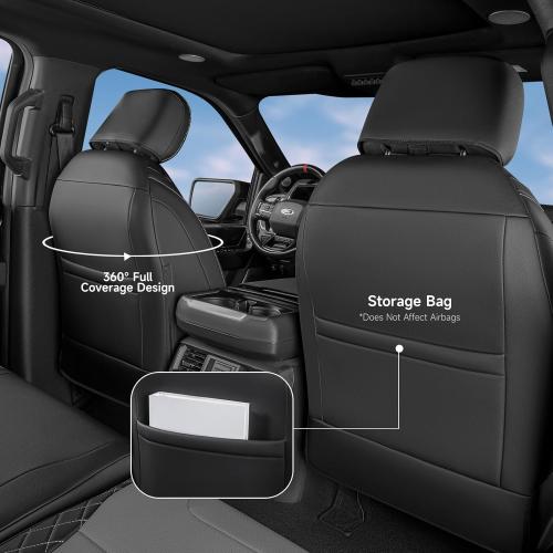 Color Black F150 Seat Covers, Custom Fit Ford 2021-2025 F150 XL XLT STX Super Crew Cab, 2023-2025 F250 F350 F450 XL XLT Crew Cab(NOT for 40/20/40 Bench Front Seat), Full Set, Leather, Black & Grey