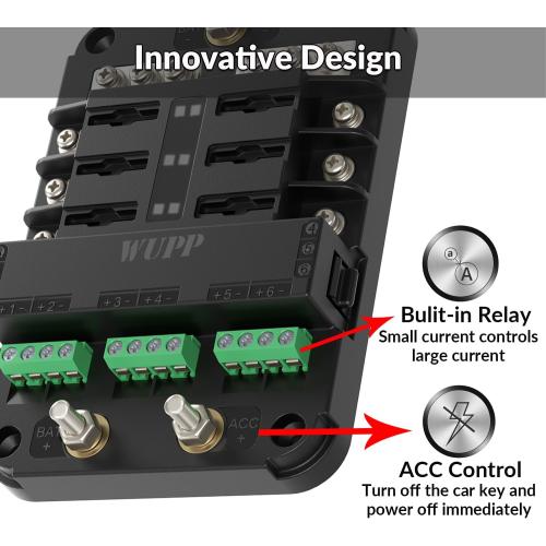 WUPP 12V Fuse Block with Relay, Automotive 6 Circuits Fuse Box with Acc Interface, Universal Fuse Block and Relay Kit for Cars Trucks Marine Boat
