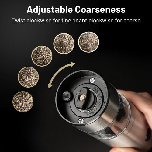 SIMPLETASTE Electric Salt and Pepper Grinder Set Automatic One Handed, Stainless Mill Shakers with Lights and Adjustable Coarseness, Battery Operated