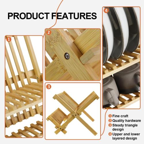 KKTONER Bamboo Dish Drying Rack 2 Tier Foldable Plate Organizer Collapsible Plate Organizer Holder for Kitchen Countertop (Natural)