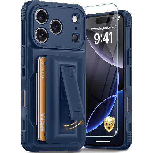 for iPhone 17 Pro Case with Card Holder（4-5 Cards）[9H Screen Protector ][Full Camera Protection][RFID Blocking][Hidden Kickstand] Rugged Heavy Duty Wallet Case for iPhone 17 Pro (Dark Blue)