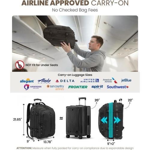 Fanwoli Rolling Vacuum Backpack Travel with One-Button Compression, 55L Expandable, Water Resistant Carry-On Suitcase Luggage, Ideal for Outdoor/Family/Trips
