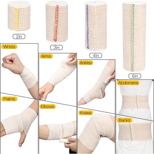 2 Pack 6 Premium Elastic Bandage Wrap, Reusable Hook and Loop Compression Wrap Bandage for Knees, Anks, Wrists, Legs, Body