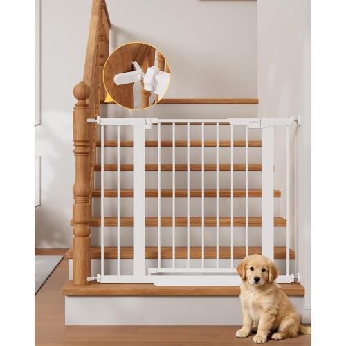 InnoTruth 27-36.6 in Wide Baby Gate for Stairs and Doorways, White | Indoor Metal Dog Gate for Pets, Auto Close 2 Way Swing Walk Through Door, Double Lock & Y-Bolts, Pressure or Hardware Mount