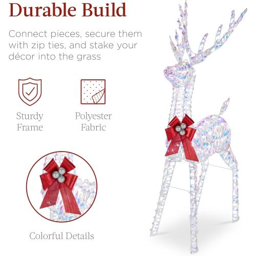 Best Choice Products Lighted Christmas 4ft Reindeer & Sleigh Holiday Outdoor Yard Decoration Set w/ 205 LED Lights, Stakes, Zip Ties - Iridescent