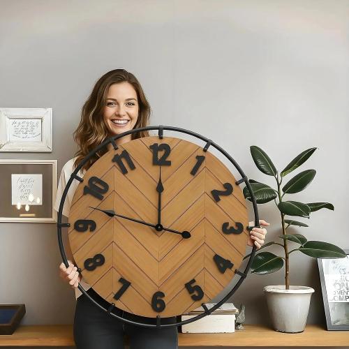 Micasso 27 Inch Large Farmhouse Wall Clock - Silent Non Ticking Rustic Wood & Metal Wall Decor, Oversized Antique Decorative Battery Operated Clock for Living Room, Kitchen, Office, Bedroom