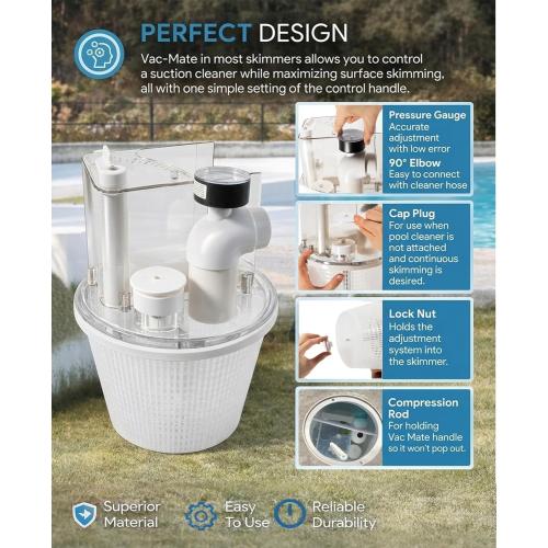 R211100 Vac-Mate Pool Cleaner Dispenser Box – Multi-Function Vacuum Skimmer Attachment – Includes Basket, Pressure Gauge & Easy Install Kit