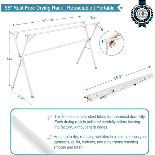 JAUREE 95 Inches Clothes Drying Rack, Drying Rack Clothing Folding Indoor Outdoor, Heavy Duty Stainless Steel Laundry Drying Rack, Foldable Portable Clothes Rack Garment Rack with 20 Hooks White