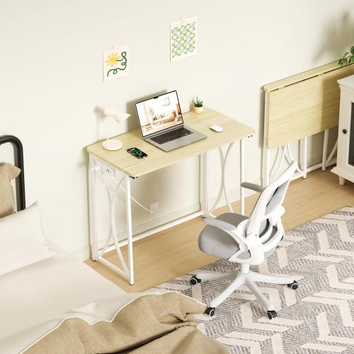 Folding Table, 31.5 Small Desk for Bedroom with Power Outlet, Space Saving Foldable Computer Desk for Home Office, Easy Assembly, Beige