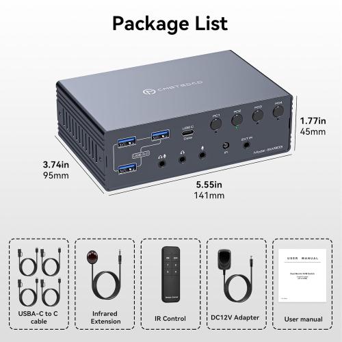 USB C KVM Switch 2 Monitors 4 Computers Docking Station 4K60Hz for Windows/Mac Thunderbolt KVM with Displaylink Support USB3.0/USB C in DP/HDMI Out Extended/Mirrored Mode for M1 M2 M3 M4 (1 box not 2)