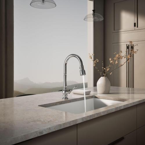 KOHLER K-99259-CP Artifacts Single-Hole Kitchen Sink Faucet with 17-5/8-Inch Pull-Down Spout, 3-Function Sprayhead, and Turned Lever Handle, Polished Chrome