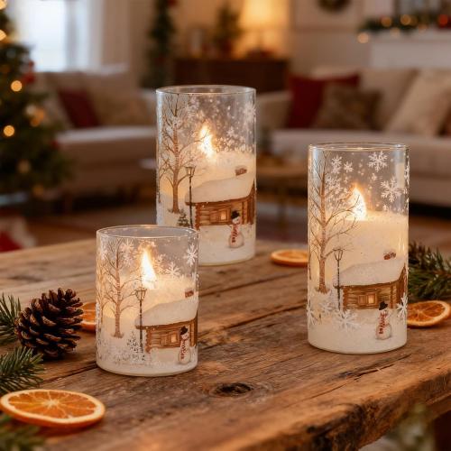 DRomance Snowman Glass Flameless Candles Battery Operated with Remote and Timer Real Wax LED Flickering Pillar Candles White Cold Light Window Christmas Holiday Decor D3 x 4,5,6