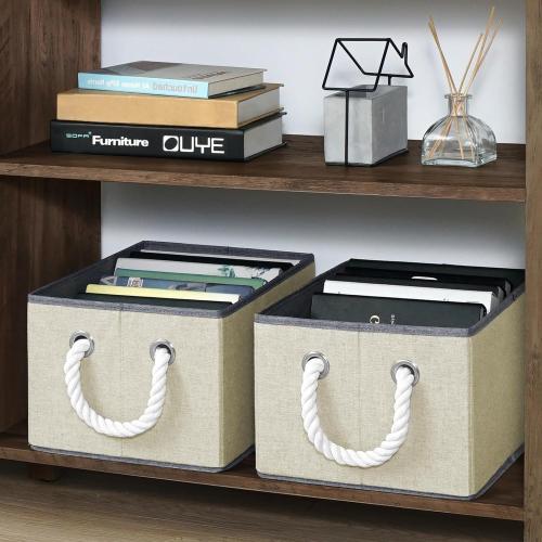 Extra Large Fabric Storage Bins for Shelves with Handles 3 Pack | Storage Baskets for Shelves and Closet Organizers | Folding Rectangle Storage Bins for Cloth and Magazine,Beige,16.5Wx12.5Dx10H