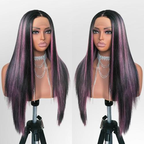 Black and Pink Highlight Wig Lace Front Wigs Pre Plucked with Baby Hair Glueless Wig 26 Inch Long Straight for Women Pink Color Forehead Synthetic 13×4×1 Lace Front Wig