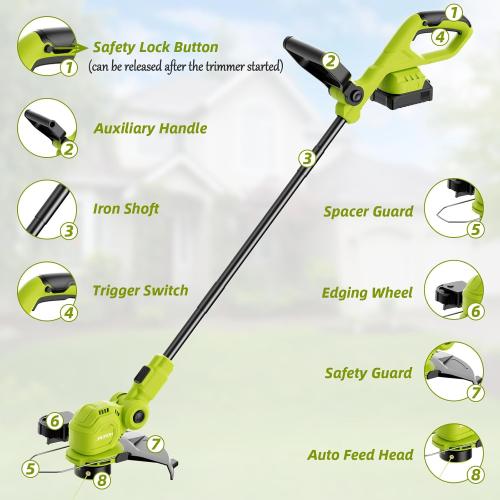 12-inch 20V Cordless String Trimmer with Charger, 2 X 2.0Ah Battery Powered with Auto Line Feed, Lawn Edger with 8 Pcs Grass Cutter Spool Line and 2 Spool Cap
